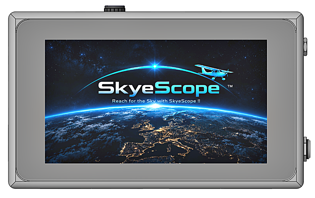 Front view of the SkyeScope enclosure, showing the landscape display and rotary control