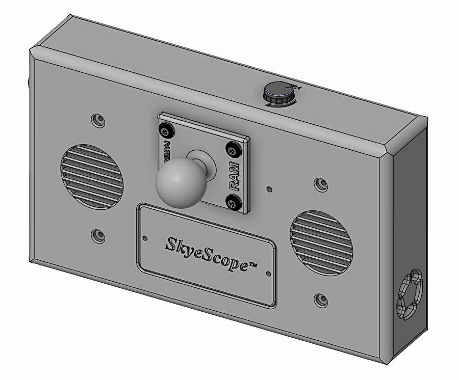 Isometric view of the SkyeScope enclosure, showing its rear panel, vents and controls