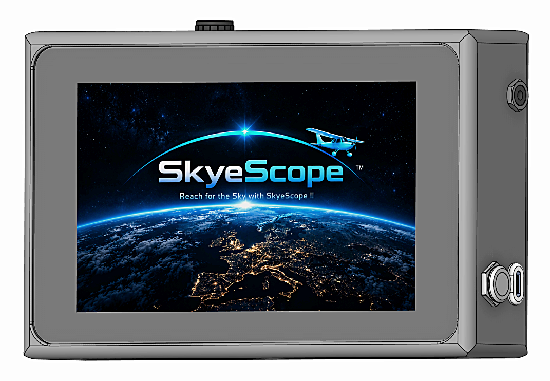 Right-angle view of the SkyeScope enclosure, showing the display and side-mounted connections